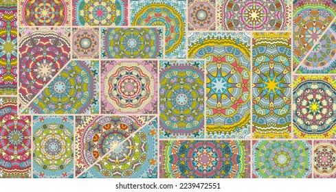 Vector patchwork quilt pattern. Vintage decorative collage. Hand drawn background. Indian, Arabic, Turkish motifs for printing on fabric or paper. Abstract colorful doodle pattern in mosaic style