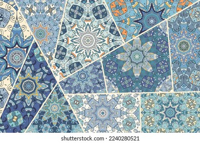 Vector patchwork quilt pattern. Vintage decorative collage. Hand drawn background. Indian, Arabic, Turkish motifs for printing on fabric or paper. Abstract colorful doodle pattern in mosaic style