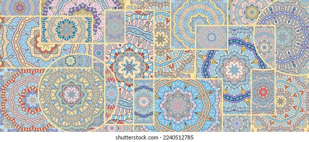 Vector patchwork quilt pattern. Vintage decorative collage. Hand drawn background. Indian, Arabic, Turkish motifs for printing on fabric or paper. Abstract colorful doodle pattern in mosaic style