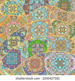 Vector patchwork quilt pattern. Vintage decorative collage. Hand drawn background. Indian, Arabic, Turkish motifs for printing on fabric or paper. Abstract colorful doodle pattern in mosaic style