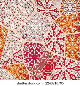 Vector patchwork quilt pattern. Vintage decorative collage. Hand drawn background. Indian, Arabic, Turkish motifs for printing on fabric or paper. Abstract colorful doodle pattern in mosaic style