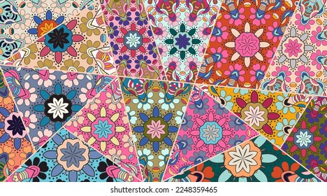 Vector patchwork quilt pattern. Vintage decorative collage. Hand drawn background. Indian, Arabic, Turkish motifs for printing on fabric or paper. Abstract colorful doodle pattern in mosaic style