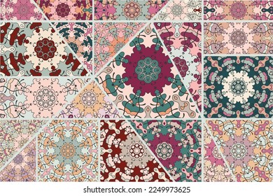 Vector patchwork quilt pattern. Vintage decorative collage. Hand drawn background. Indian, Arabic, Turkish motifs for printing on fabric or paper. Abstract colorful doodle pattern in mosaic style