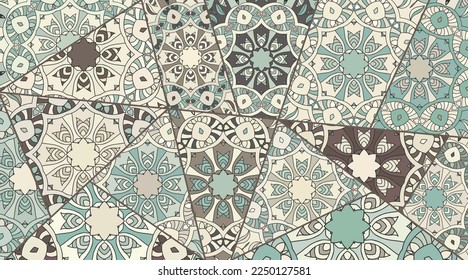 Vector patchwork quilt pattern. Vintage decorative collage. Hand drawn background. Indian, Arabic, Turkish motifs for printing on fabric or paper. Abstract colorful doodle pattern in mosaic style