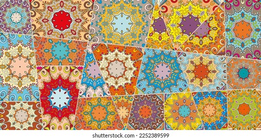 Vector patchwork quilt pattern. Vintage decorative collage. Hand drawn background. Indian, Arabic, Turkish motifs for printing on fabric or paper. Abstract colorful doodle pattern in mosaic style