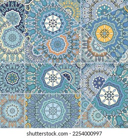 Vector patchwork quilt pattern. Vintage decorative collage. Hand drawn background. Indian, Arabic, Turkish motifs for printing on fabric or paper. Abstract colorful doodle pattern in mosaic style