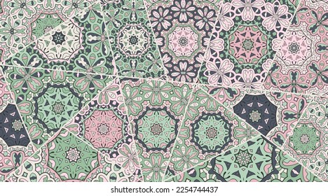 Vector patchwork quilt pattern. Vintage decorative collage. Hand drawn background. Indian, Arabic, Turkish motifs for printing on fabric or paper. Abstract colorful doodle pattern in mosaic style