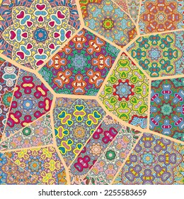 Vector patchwork quilt pattern. Vintage decorative collage. Hand drawn background. Indian, Arabic, Turkish motifs for printing on fabric or paper. Abstract colorful doodle pattern in mosaic style