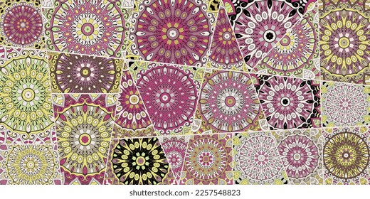 Vector patchwork quilt pattern. Vintage decorative collage. Hand drawn background. Indian, Arabic, Turkish motifs for printing on fabric or paper. Abstract colorful doodle pattern in mosaic style