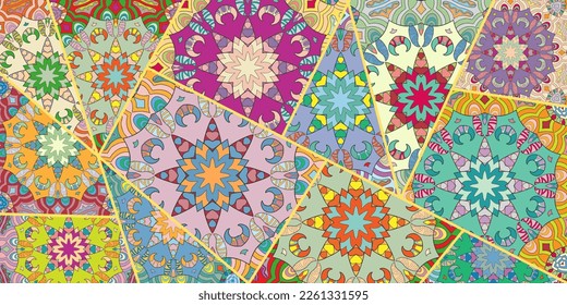 Vector patchwork quilt pattern. Vintage decorative collage. Hand drawn background. Indian, Arabic, Turkish motifs for printing on fabric or paper. Abstract colorful doodle pattern in mosaic style