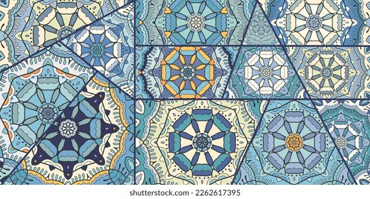 Vector patchwork quilt pattern. Vintage decorative collage. Hand drawn background. Indian, Arabic, Turkish motifs for printing on fabric or paper. Abstract colorful doodle pattern in mosaic style