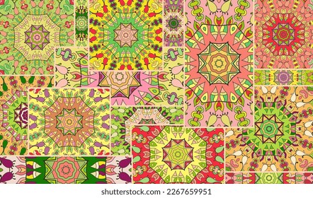 Vector patchwork quilt pattern. Vintage decorative collage. Hand drawn background. Indian, Arabic, Turkish motifs for printing on fabric or paper. Abstract colorful doodle pattern in mosaic style