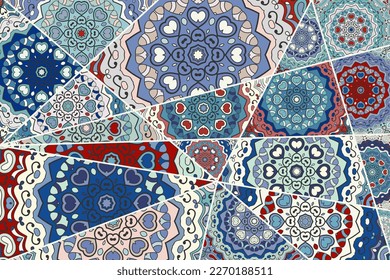 Vector patchwork quilt pattern. Vintage decorative collage. Hand drawn background. Indian, Arabic, Turkish motifs for printing on fabric or paper. Abstract colorful doodle pattern in mosaic style