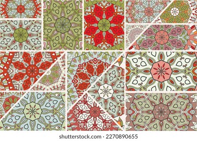 Vector patchwork quilt pattern. Vintage decorative collage. Hand drawn background. Indian, Arabic, Turkish motifs for printing on fabric or paper. Abstract colorful doodle pattern in mosaic style
