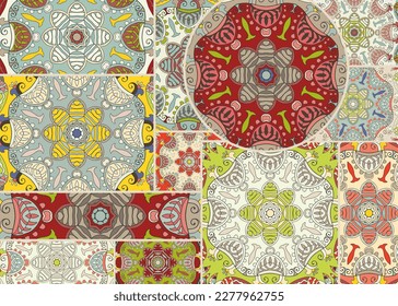 Vector patchwork quilt pattern. Vintage decorative collage. Hand drawn background. Indian, Arabic, Turkish motifs for printing on fabric or paper. Abstract colorful doodle pattern in mosaic style