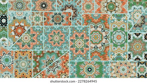 Vector patchwork quilt pattern. Vintage decorative collage. Hand drawn background. Indian, Arabic, Turkish motifs for printing on fabric or paper. Abstract colorful doodle pattern in mosaic style