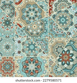 Vector patchwork quilt pattern. Vintage decorative collage. Hand drawn background. Indian, Arabic, Turkish motifs for printing on fabric or paper. Abstract colorful doodle pattern in mosaic style