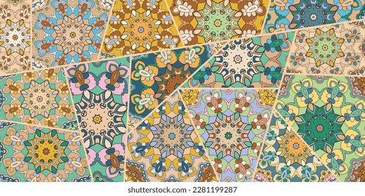 Vector patchwork quilt pattern. Vintage decorative collage. Hand drawn background. Indian, Arabic, Turkish motifs for printing on fabric or paper. Abstract colorful doodle pattern in mosaic style