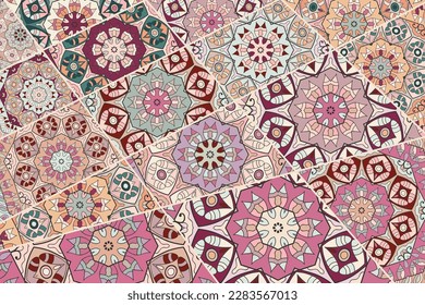 Vector patchwork quilt pattern. Vintage decorative collage. Hand drawn background. Indian, Arabic, Turkish motifs for printing on fabric or paper. Abstract colorful doodle pattern in mosaic style