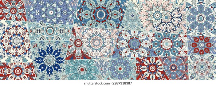 Vector patchwork quilt pattern. Vintage decorative collage. Hand drawn background. Indian, Arabic, Turkish motifs for printing on fabric or paper. Abstract colorful doodle pattern in mosaic style
