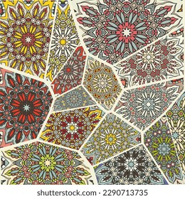 Vector patchwork quilt pattern. Vintage decorative collage. Hand drawn background. Indian, Arabic, Turkish motifs for printing on fabric or paper. Abstract colorful doodle pattern in mosaic style