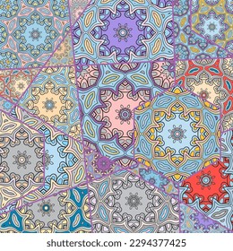 Vector patchwork quilt pattern. Vintage decorative collage. Hand drawn background. Indian, Arabic, Turkish motifs for printing on fabric or paper. Abstract colorful doodle pattern in mosaic style