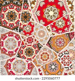 Vector patchwork quilt pattern. Vintage decorative collage. Hand drawn background. Indian, Arabic, Turkish motifs for printing on fabric or paper. Abstract colorful doodle pattern in mosaic style