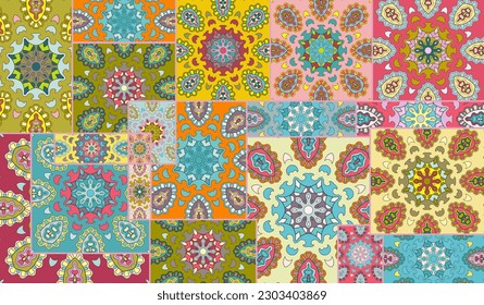 Vector patchwork quilt pattern. Vintage decorative collage. Hand drawn background. Indian, Arabic, Turkish motifs for printing on fabric or paper. Abstract colorful doodle pattern in mosaic style