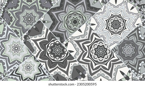 Vector patchwork quilt pattern. Vintage decorative collage. Hand drawn background. Indian, Arabic, Turkish motifs for printing on fabric or paper. Abstract monochrome doodle pattern in mosaic style