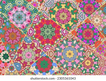 Vector patchwork quilt pattern. Vintage decorative collage. Hand drawn background. Indian, Arabic, Turkish motifs for printing on fabric or paper. Abstract colorful doodle pattern in mosaic style