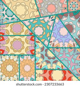 Vector patchwork quilt pattern. Vintage decorative collage. Hand drawn background. Indian, Arabic, Turkish motifs for printing on fabric or paper. Abstract colorful doodle pattern in mosaic style