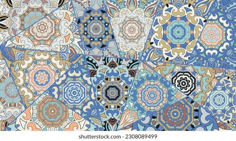 Vector patchwork quilt pattern. Vintage decorative collage. Hand drawn background. Indian, Arabic, Turkish motifs for printing on fabric or paper. Abstract colorful doodle pattern in mosaic style