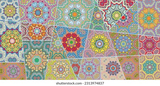 Vector patchwork quilt pattern. Vintage decorative collage. Hand drawn background. Indian, Arabic, Turkish motifs for printing on fabric or paper. Abstract colorful doodle pattern in mosaic style