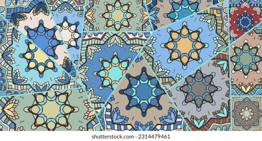 Vector patchwork quilt pattern. Vintage decorative collage. Hand drawn background. Indian, Arabic, Turkish motifs for printing on fabric or paper. Abstract colorful doodle pattern in mosaic style
