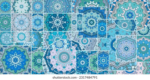 Vector patchwork quilt pattern. Vintage decorative collage. Hand drawn background. Indian, Arabic, Turkish motifs for printing on fabric or paper. Abstract colorful doodle pattern in mosaic style