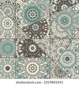 Vector patchwork quilt pattern. Vintage decorative collage. Hand drawn background. Indian, Arabic, Turkish motifs for printing on fabric or paper. Abstract colorful doodle pattern in mosaic style