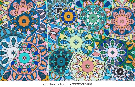 Vector patchwork quilt pattern. Vintage decorative collage. Hand drawn background. Indian, Arabic, Turkish motifs for printing on fabric or paper. Abstract colorful doodle pattern in mosaic style