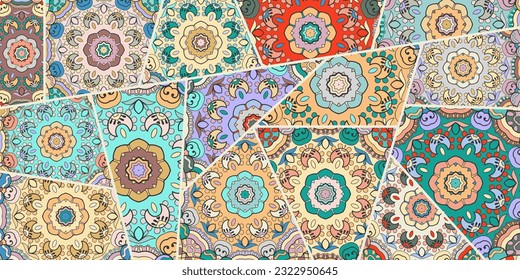 Vector patchwork quilt pattern. Vintage decorative collage. Hand drawn background. Indian, Arabic, Turkish motifs for printing on fabric or paper. Abstract colorful doodle pattern in mosaic style