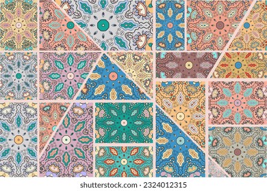 Vector patchwork quilt pattern. Vintage decorative collage. Hand drawn background. Indian, Arabic, Turkish motifs for printing on fabric or paper. Abstract colorful doodle pattern in mosaic style