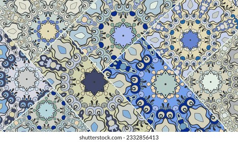 Vector patchwork quilt pattern. Vintage decorative collage. Hand drawn background. Indian, Arabic, Turkish motifs for printing on fabric or paper. Abstract colorful doodle pattern in mosaic style