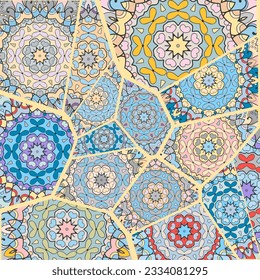 Vector patchwork quilt pattern. Vintage decorative collage. Hand drawn background. Indian, Arabic, Turkish motifs for printing on fabric or paper. Abstract colorful doodle pattern in mosaic style