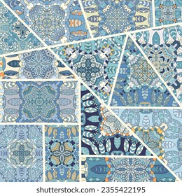 Vector patchwork quilt pattern. Vintage decorative collage. Hand drawn background. Indian, Arabic, Turkish motifs for printing on fabric or paper. Abstract colorful doodle pattern in mosaic style