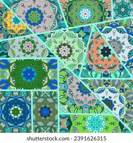 Vector patchwork quilt pattern. Vintage decorative collage. Hand drawn background. Indian, Arabic, Turkish motifs for printing on fabric or paper. Abstract colorful doodle pattern in mosaic style