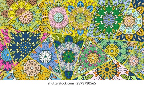 Vector patchwork quilt pattern. Vintage decorative collage. Hand drawn background. Indian, Arabic, Turkish motifs for printing on fabric or paper. Abstract colorful doodle pattern in mosaic style