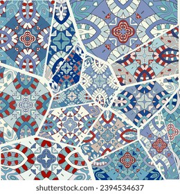 Vector patchwork quilt pattern. Vintage decorative collage. Hand drawn background. Indian, Arabic, Turkish motifs for printing on fabric or paper. Abstract colorful doodle pattern in mosaic style