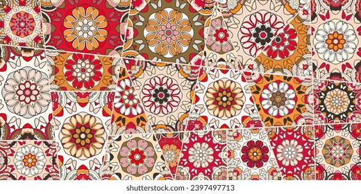 Vector patchwork quilt pattern. Vintage decorative collage. Hand drawn background. Indian, Arabic, Turkish motifs for printing on fabric or paper. Abstract colorful doodle pattern in mosaic style