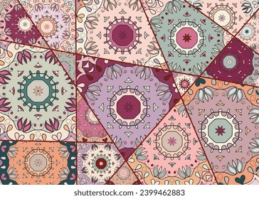 Vector patchwork quilt pattern. Vintage decorative collage. Hand drawn background. Indian, Arabic, Turkish motifs for printing on fabric or paper. Abstract colorful doodle pattern in mosaic style