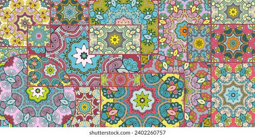 Vector patchwork quilt pattern. Vintage decorative collage. Hand drawn background. Indian, Arabic, Turkish motifs for printing on fabric or paper. Abstract colorful doodle pattern in mosaic style