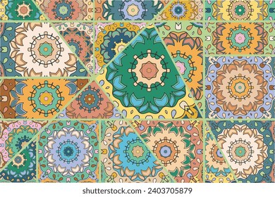 Vector patchwork quilt pattern. Vintage decorative collage. Hand drawn background. Indian, Arabic, Turkish motifs for printing on fabric or paper. Abstract colorful doodle pattern in mosaic style