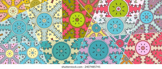 Vector patchwork quilt pattern. Vintage decorative collage. Hand drawn background. Indian, Arabic, Turkish motifs for printing on fabric or paper. Abstract colorful doodle pattern in mosaic style